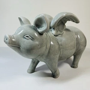 "Estatuilla de cerdo volador alas gris esmaltado cerámica rústica granja cuando los cerdos vuelan 11""" - Imagen 1 de 9