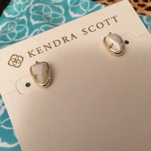 Kendra Scott White Iridescent Hazel Gold Small Stud Earrings Rare - Imagem 1 de 1