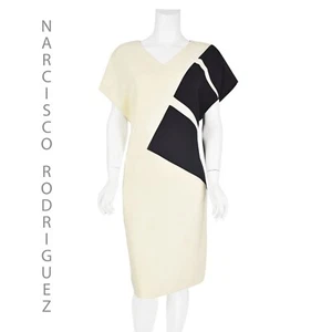 NARCISCO RODRIGUEZ Graphic Ivory & Black Dolman Sleeve Shift Dress SIZE IT42 US8 - Picture 1 of 9