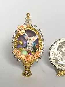 OOAK Artisan Easter Rabbit Rhinestone Decorated Egg 1:12 Dollhouse Signed Mini - Picture 1 of 15