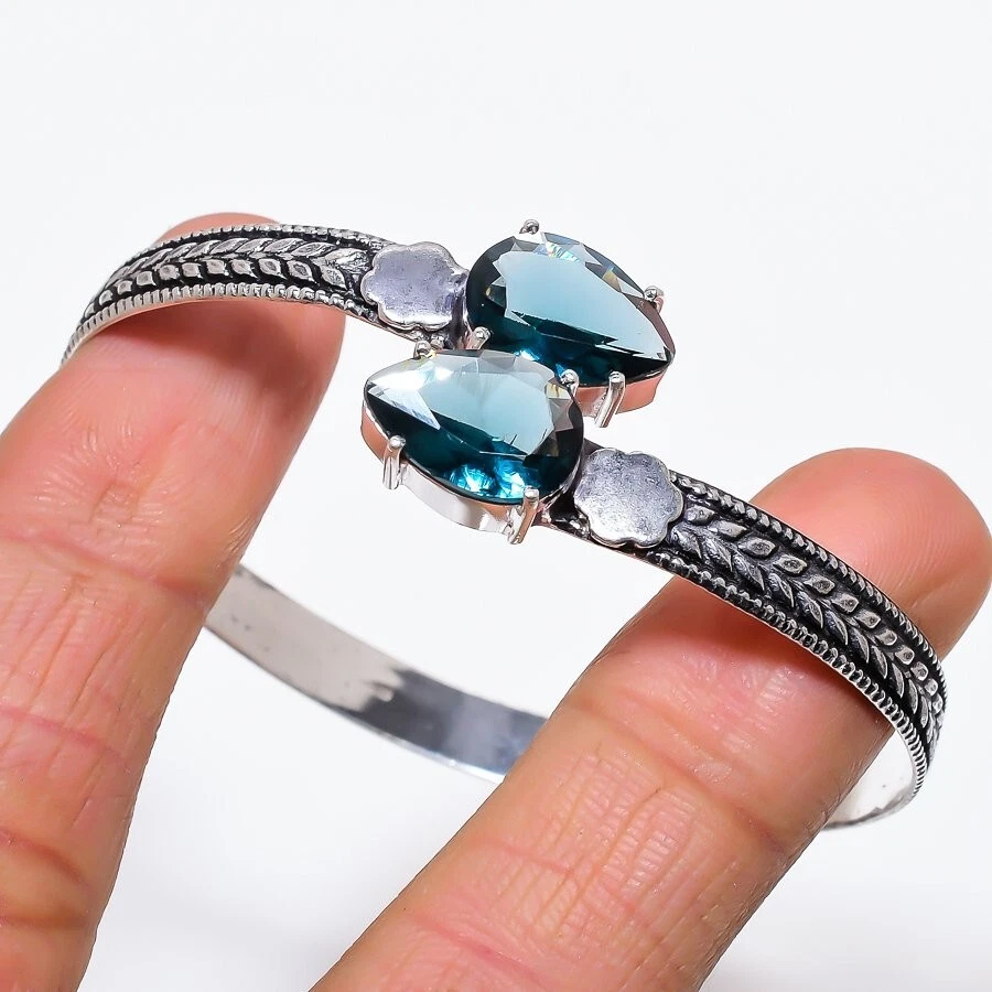 London Blue Topaz Gemstone Handmade 925 Sterling Silver Adjustable Cuff Bracelet - Image 1 of 1