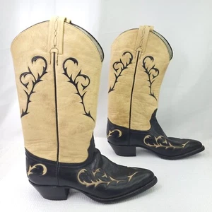 Vintage Tony Lama Western Boots Tank Black Leather Pull On Cowboy Shoes Sz 6.5 M - Picture 1 of 10