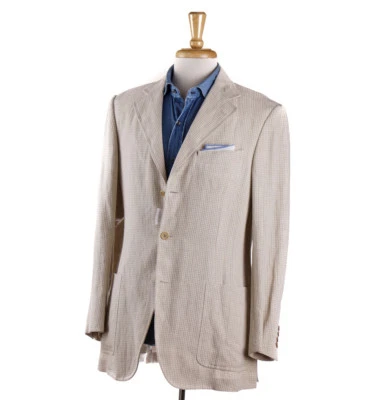 Belvest Tan and Cream Mini Gingham Check Linen Sport Coat 40R NWT - Image 1 of 4
