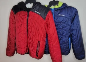 2X Eddie Bauer Boys L (14-16) Reversible Duck Down Jacket Blue Red hooded Puffer - Picture 1 of 12