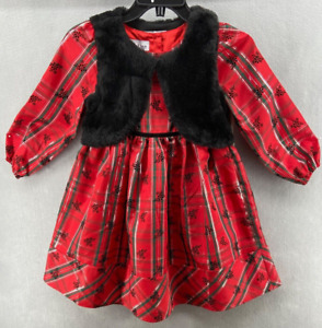 Pippa and Julie Dress Red Sz 6 Plaid Faux Fur Vest & Flocked Taffeta NWT $58