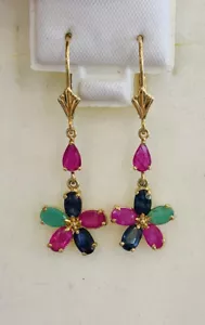 14k Solid Gold Dangle Lever back Earring Natural Mixed Ruby Sapphire &Emerald - Picture 1 of 8