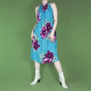 VINTAGE 90s 2000s Y2K Blue Purple Hawaiian Floral Summer Cami Dress small medium - Picture 1 of 14
