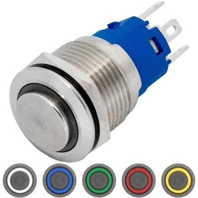 Edelstahl Drucktaster erhaben Ø19mm Ring LED IP65 2,8x0,5mm Pins 250V 3A Vandali - Bild 1 von 3