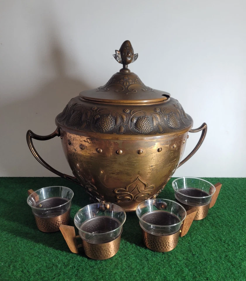 Alter Kupfer Bowle Topf mit 4 Gläsern, Driburg Kristall - Bild 1 von 4