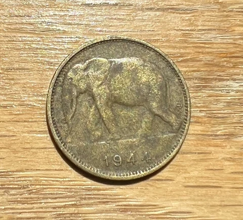 Belgian Congo 1 Franc 1944 elephant coin KM-26 Cover