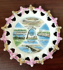 Vintage St Louis Missouri Reise Souvenir Teller Gold Spitze durchbohrter Rand Wandhänger - Bild 1 von 12