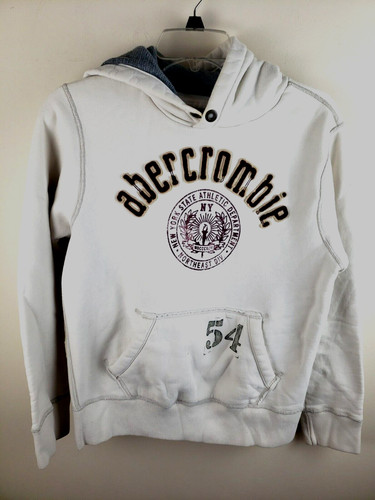 OFF WHITE Giacca con cappuccio pesante logo Abercrombie & Fitch avorio junior taglia L morbida effetto invecchiato