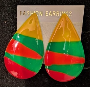 Vintage Retro Yellow, Green, Orange Teardrop Post Earrings Baked Enamel Earrings - Picture 1 of 2