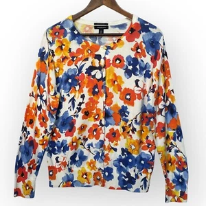 Lands' End Button Front Cardigan Women Size L Multicolor Floral Cotton Vibrant - Picture 1 of 11