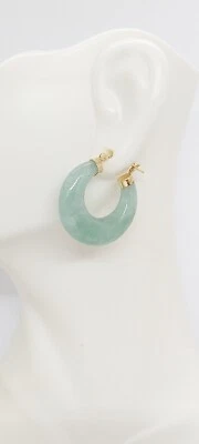 Natural Color GREEN Jade Hoop 14k Yellow Gold Clip on Earrings. Jade LOVER - Image 1 of 4