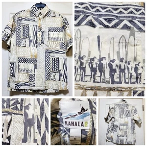 Kahala Hawaiihemd Herren Medium beige grau Tribal Surfer Print Aloha Baumwolle - Bild 1 von 21