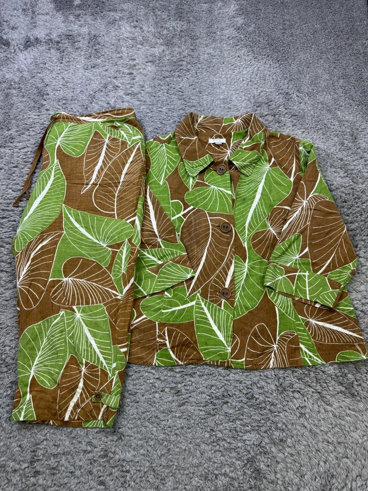 Traje Erin London Mujer 1X Marrón Verde Floral Lino Chaqueta Pantalones Capri Conjunto de 2 piezas Foto 1 de 4