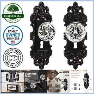 Vintage Glass Door Knobs 2 Pack Black Metal Handles for Cabinets and Decor - Picture 1 of 9