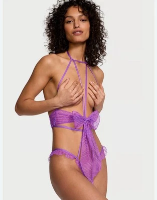 NWT Victorias Secret XL Purple Bow Mesh Open-Cup Crotchless Open Teddy Bodysuit  - Image 1 of 4