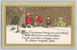 1912 Bonton Art Christmas Postcard Children Gathering Holly Embossed Poem - Picture 1 of 3