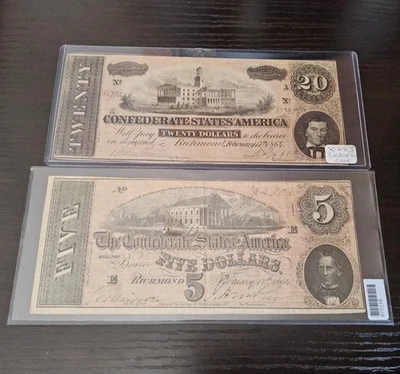 1864 Confederate $20 And $5 Notes In Very Good Condition - Image 1 of 4