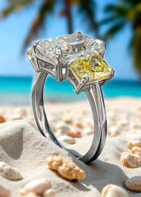 Anillo de 3 piedras de platino con diamantes cultivados en laboratorio de corte radiante de 4,42 quilates E VVS2 certificado IGI Foto 1 de 4