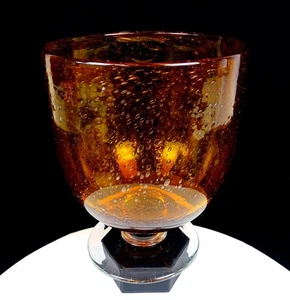 STUDIO ART GLASS LARGE AMBER BUBBLE SEEDY GLASS 8 3/4" CLEAR FOOTED BOWL VASE - Picture 1 of 8