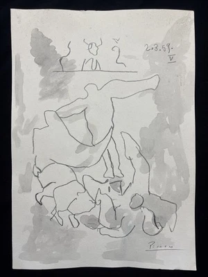 Pablo Picasso (Handmade) Drawing mixed media on paper signed & stamped - Image 1 of 2