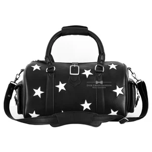 Women's Black Stars Leather Duffel Bag Gym Travel Overnight Carry-On Weekender - Picture 1 of 7