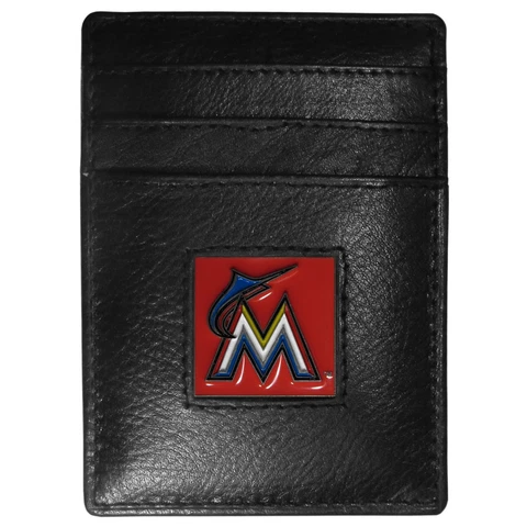 Miami Marlins MLB Fine Grain Leather Cardholder Money Clip Wallet, Boxed Cover