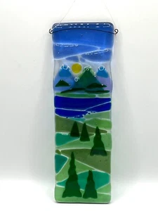 Fused Art Glass Wall Decor Nature Scene Blue Sky Sun Green Pine Trees 8.5x2.5 in - Picture 1 of 8