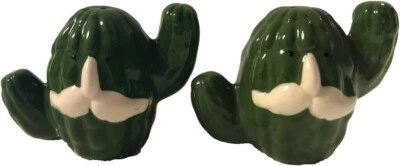 2 Piece Cactus Ceramic Salt & Pepper Shakers Set with Gift Box Mustache Face - Image 1 of 3