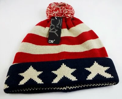 Beanie Hat Patriotic Red Beige Stars Red Stripes USA Flag Theme Tassel DY - Image 1 of 4