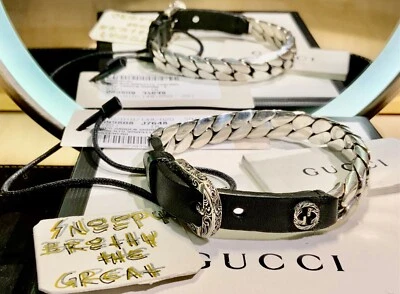 New GUCCI Solid 925 Sterling Silver &Tuscan Leather Bracelet Garden Gourmet Sz18 - Image 1 of 4