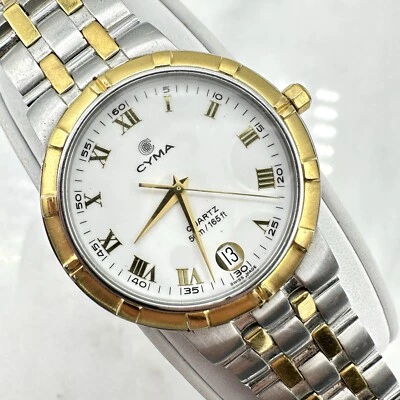 MENS CYMA Le Locle Swiss Made Gold Silver Tone SS 35mm tamanho 7” relógio de data, funcionando - Imagem 1 de 4