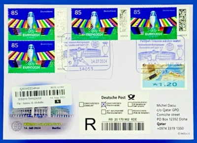 14.07.2024 UEFA GERMANY EURO2024 ONE (1) FDC REGISTERED AIRMAIL 4 ST cancels - Image 1 of 2