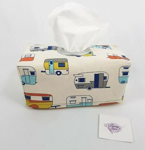 Tissue Box Cover Handmade Retro Caravan Print Vintage Vans Silver Circle Opening - Picture 1 of 12