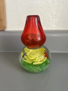 Murano Art Glass Mid Century Bulbous Red Paperweight Vase w Butterfly & Rose - Picture 1 of 6