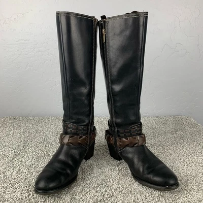 Pikolinos Tall Boots Black Leather Western Heeled Harness Strap Side Zip Size 7 - Image 1 of 4