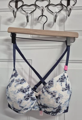 PINK Victoria's Secret  Bra 36D Blue Floral Push Up Underwire- racer back straps - Image 1 of 4