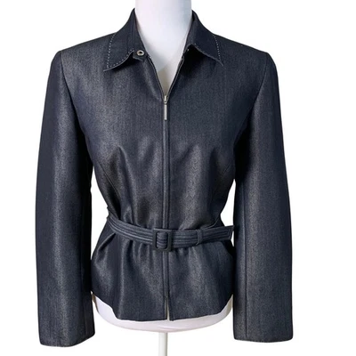 Norton McNaughton Petites Sz 10P Belted Navy Denim-Look Blazer Jacket Full Zip - Image 1 of 4