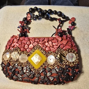 Sun N Sand Naturally Beaded Purse Red Black Shell Inlay Boho Clutch Handbag... - Picture 1 of 5
