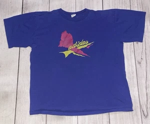 Vintage 80s Adidias Purple T Shirt Size Large Single Stitch Distressed Graphic - Picture 1 of 7