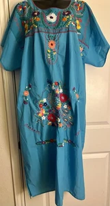 ABITO VINTAGE MESSICANO blu ricamato Oaxacan RICAMATO boho floreale etnico taglia L - Foto 1 di 5