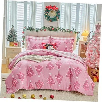  Juego de edredón de Navidad 3 piezas, diseño de árbol de Navidad para niñas, reina - 88"x88" rosa Foto 1 de 4