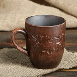 Tea cup made of red clay 0.35 l 6 pcs cutting engobe a Hand made COFFEE MUG - Picture 1 of 2