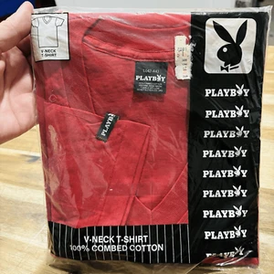 Vtg NOS NWT PLAYBOY 80s 90s V Neck Red T Shirt Bunny Single Stitch Play Boy - Picture 1 of 6
