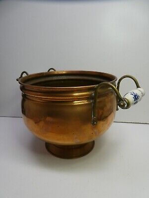 Copper  Pot Urn Fireside Bucket Pail Blue White Porcelain Handles • 49$