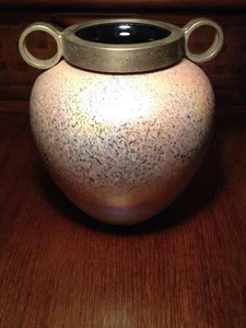 Amethyst glass Urn or collared hanging vase with a textured iridescent fired on  - Picture 1 of 4