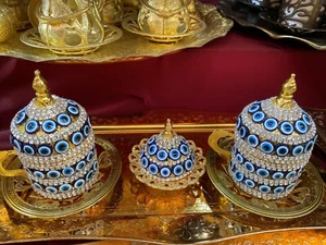 Turkish  Arabic Ottoman Coffee Serving Evil Eye Cup Set For 2 - Picture 1 of 1